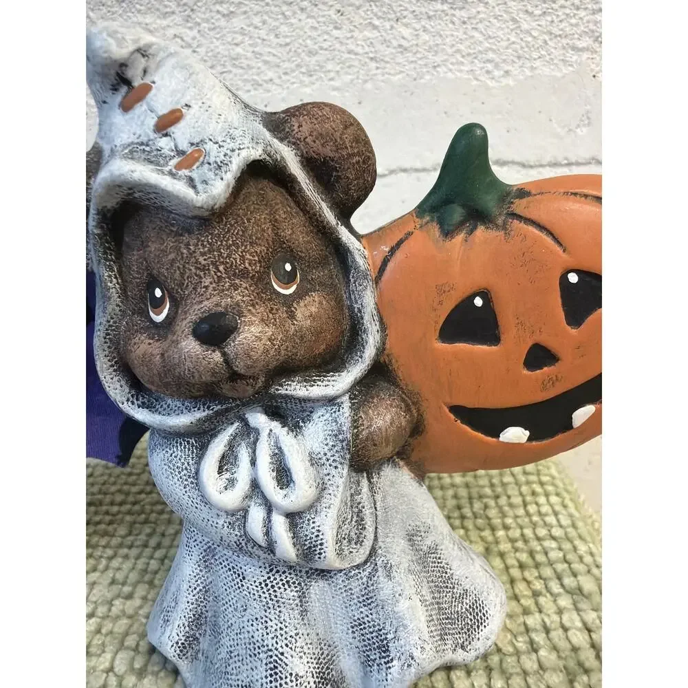 Hand Painted Halloween Ceramic Bat & Ghost Bear Figurines Set Pumpkin Cloth Wing